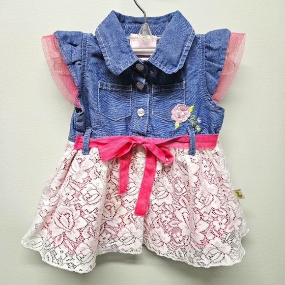 Duck Duck Goose Dress 18M Denim Lace Tulle Sleeve Pink Country Cowgirl Princess - Picture 1 of 10